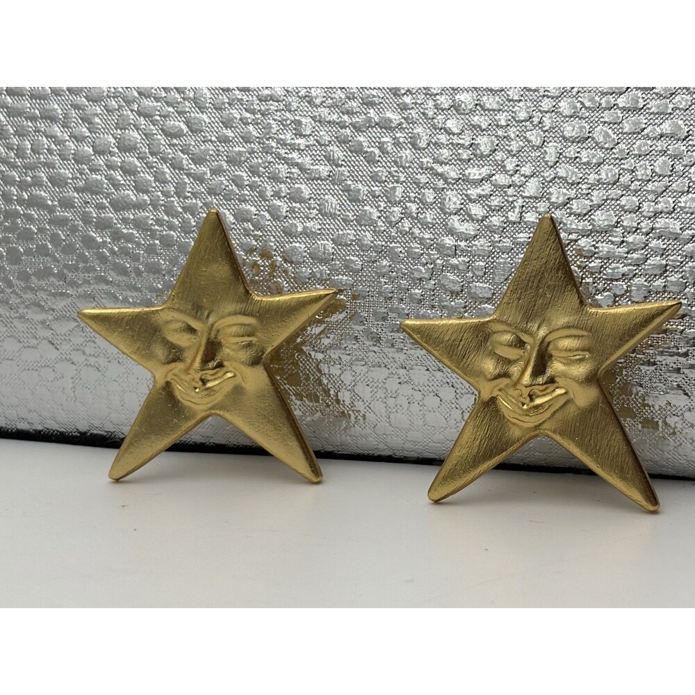 Gold Tone Star Face Clip On Earrings Celestial Textured Statement Jewelry Pair